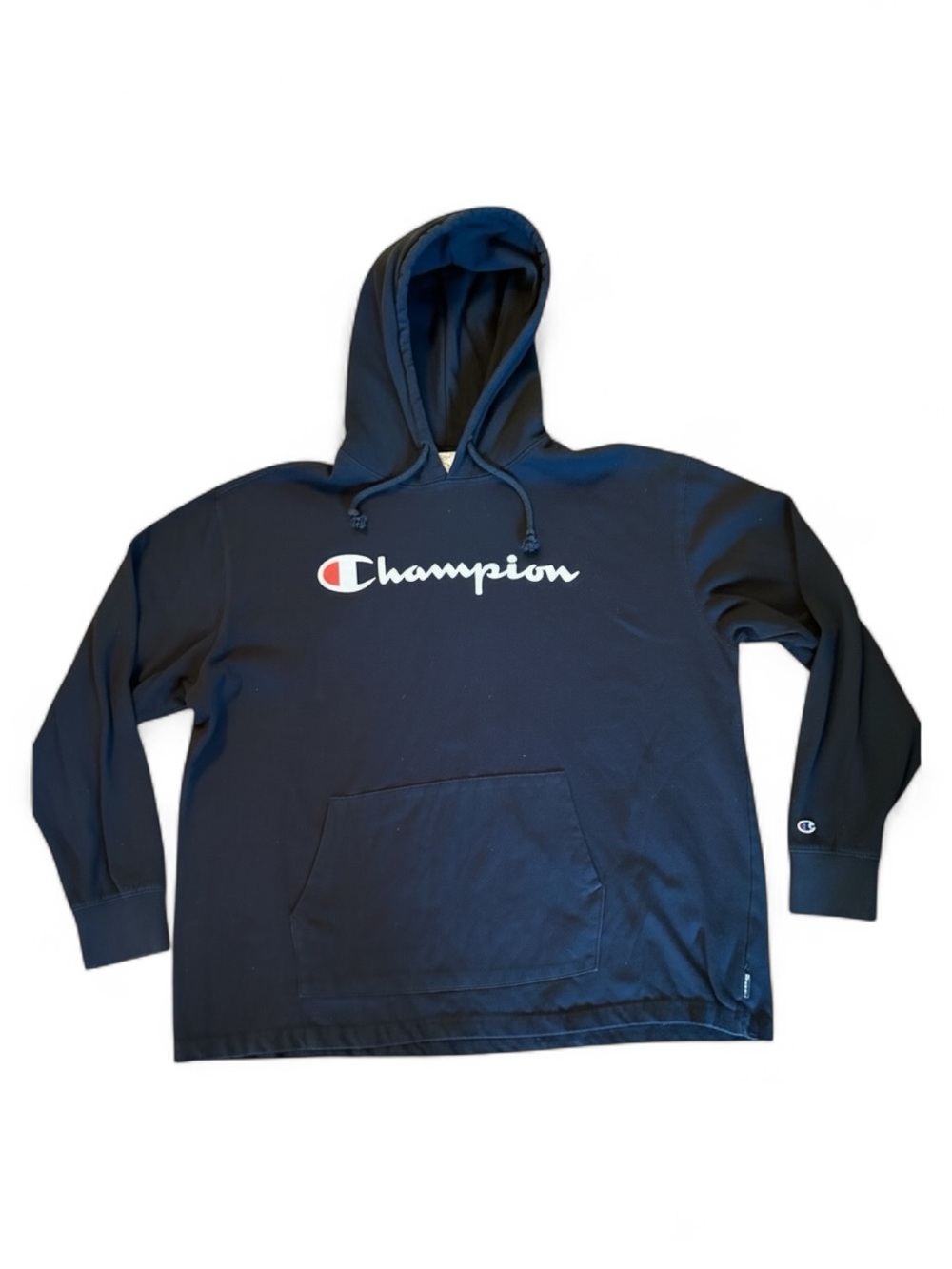 Champion Black Hoodie with White & Red Script Logo. Mens 2X. Drawstring.
